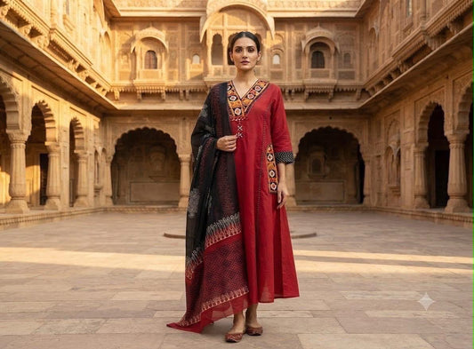 Red Cotton A-Line Kurti Set with Kanch & Moti Embroidery and Malmal Dupatta
