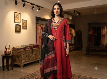 Red Cotton A-Line Kurti Set with Kanch & Moti Embroidery and Malmal Dupatta