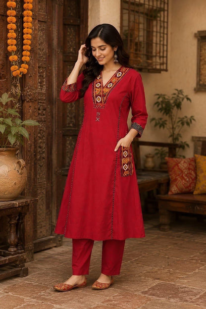Red Cotton A-Line Kurti Set with Kanch & Moti Embroidery and Malmal Dupatta