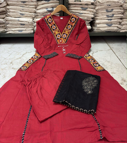 Red Cotton A-Line Kurti Set with Kanch & Moti Embroidery and Malmal Dupatta