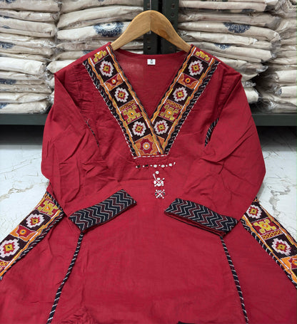 Red Cotton A-Line Kurti Set with Kanch & Moti Embroidery and Malmal Dupatta