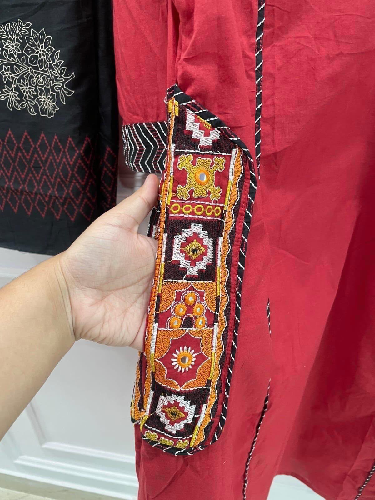 Red Cotton A-Line Kurti Set with Kanch & Moti Embroidery and Malmal Dupatta
