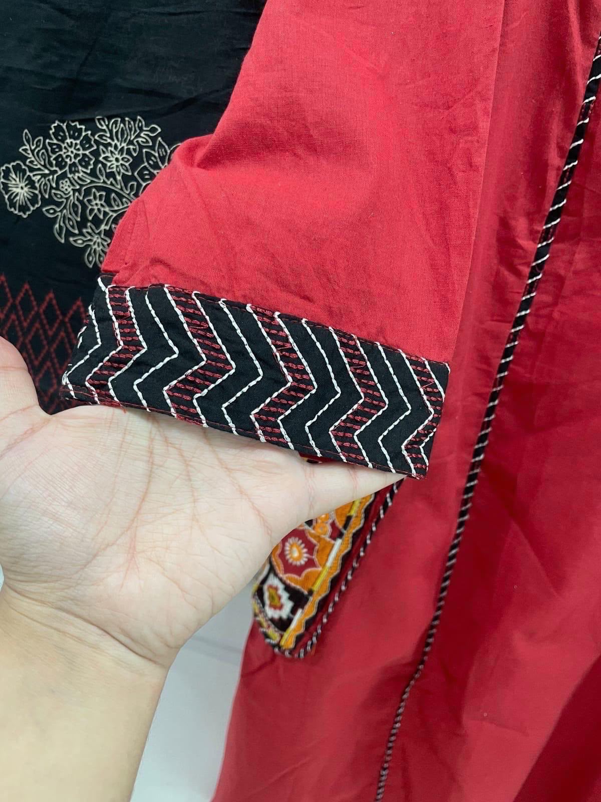Red Cotton A-Line Kurti Set with Kanch & Moti Embroidery and Malmal Dupatta