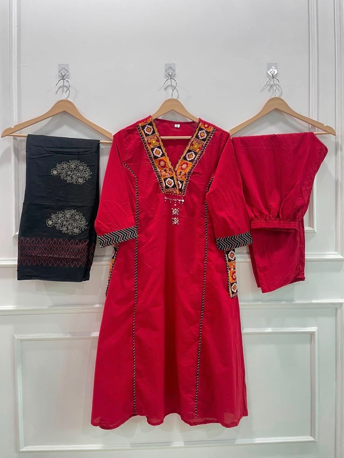 Red Cotton A-Line Kurti Set with Kanch & Moti Embroidery and Malmal Dupatta