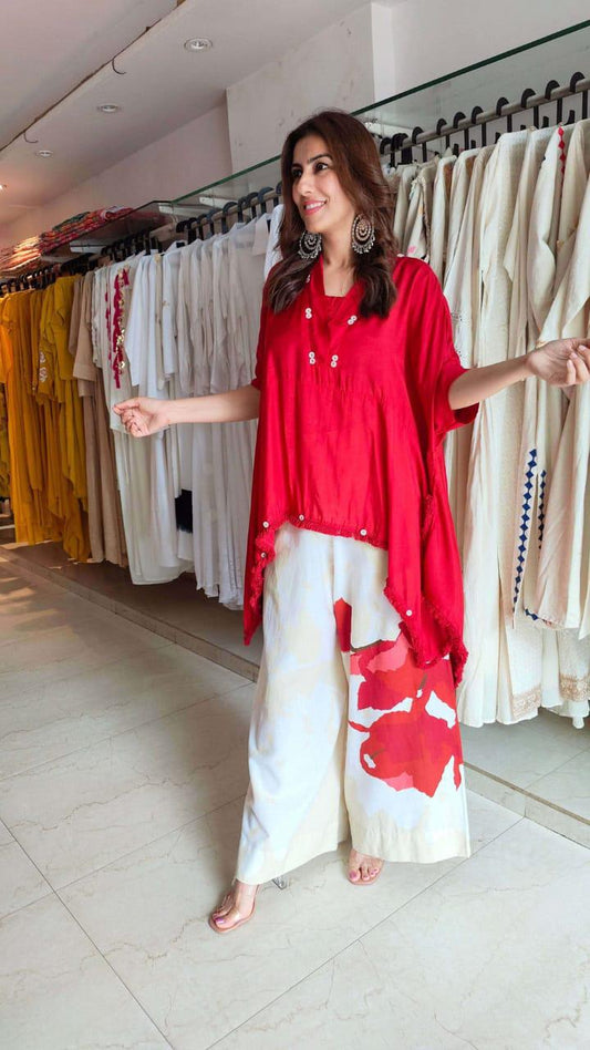 Red Cotton Loose Fit Co-Ord Set with Lace Work