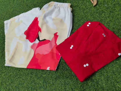 Red Cotton Loose Fit Co-Ord Set with Lace Work