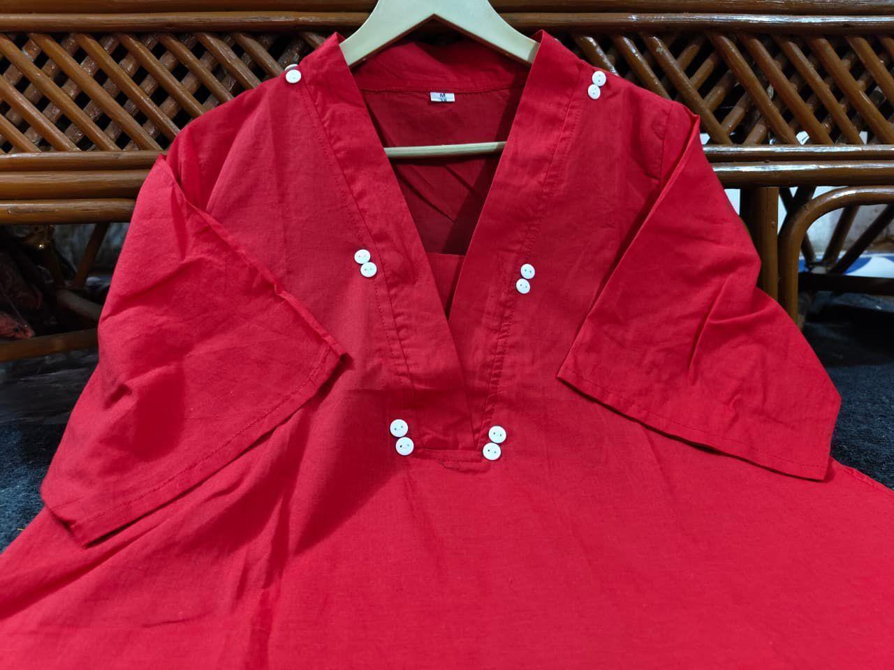 Red Cotton Loose Fit Co-Ord Set with Lace Work