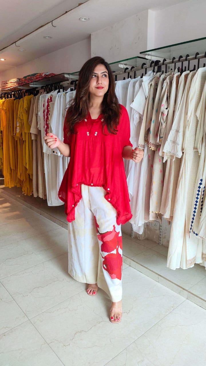 Red Cotton Loose Fit Co-Ord Set with Lace Work