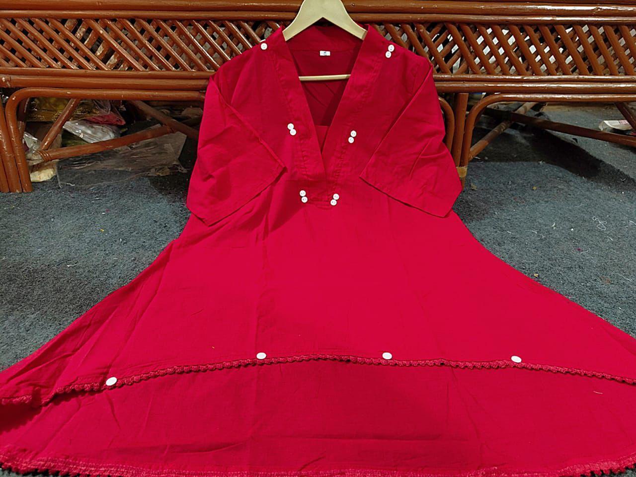 Red Cotton Loose Fit Co-Ord Set with Lace Work