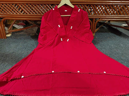 Red Cotton Loose Fit Co-Ord Set with Lace Work