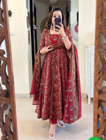 Red Cotton Printed Double Layer Anarkali Kurti Pant Set with Malmal Dupatta