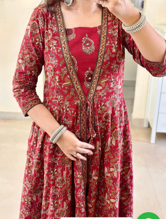 Red Cotton Printed Double Layer Anarkali Kurti Pant Set with Malmal Dupatta