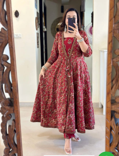 Red Cotton Printed Double Layer Anarkali Kurti Pant Set with Malmal Dupatta