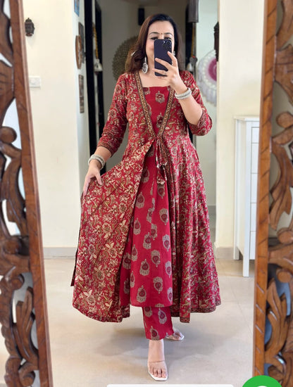Red Cotton Printed Double Layer Anarkali Kurti Pant Set with Malmal Dupatta