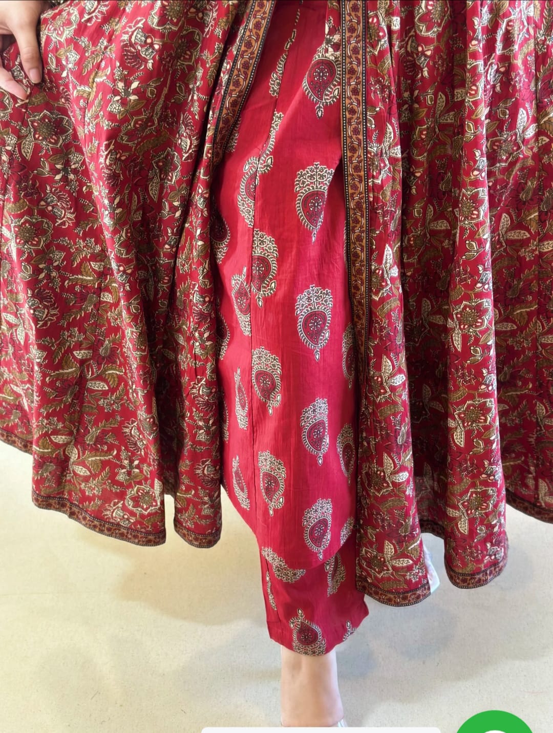 Red Cotton Printed Double Layer Anarkali Kurti Pant Set with Malmal Dupatta