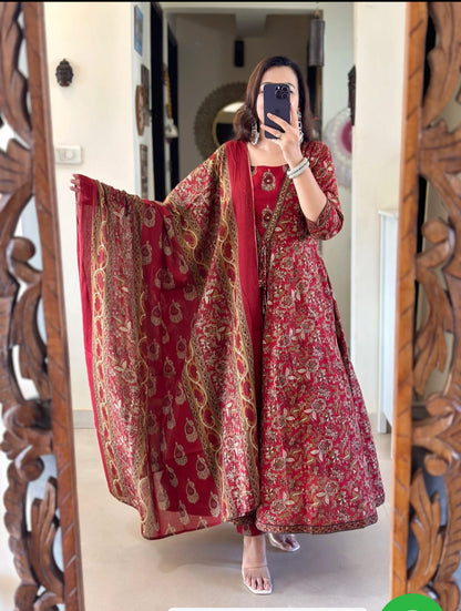 Red Cotton Printed Double Layer Anarkali Kurti Pant Set with Malmal Dupatta