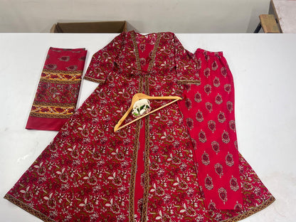 Red Cotton Printed Double Layer Anarkali Kurti Pant Set with Malmal Dupatta