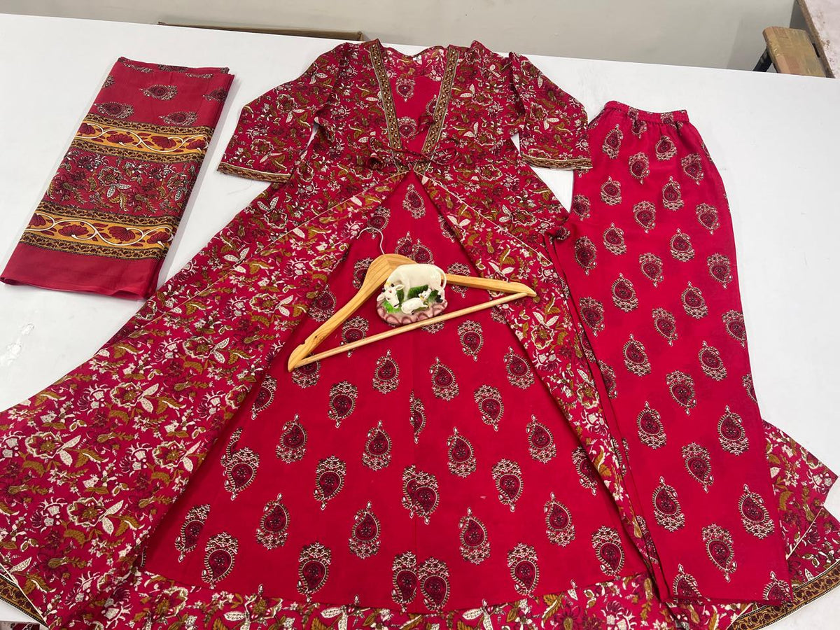 Red Cotton Printed Double Layer Anarkali Kurti Pant Set with Malmal Dupatta