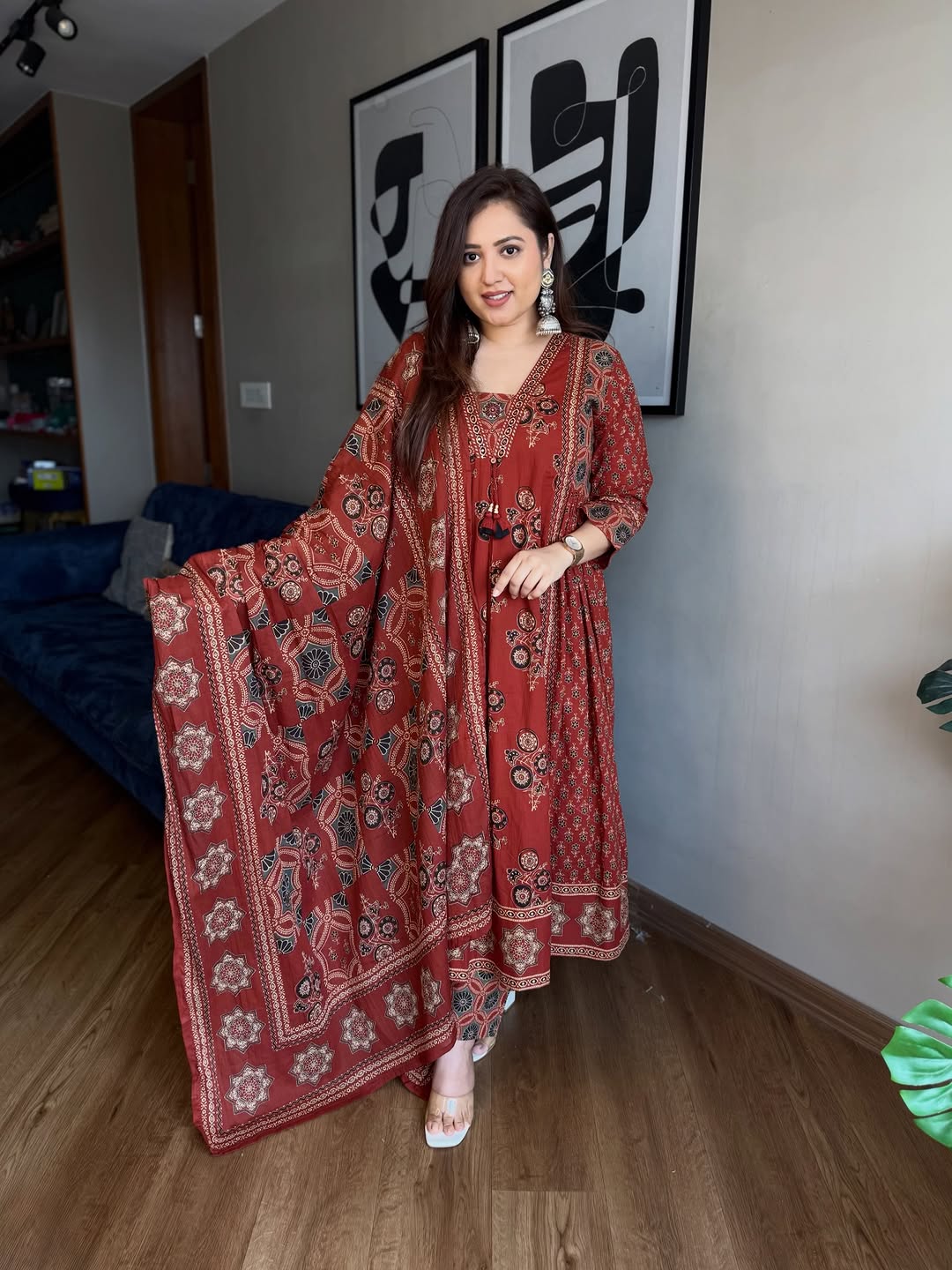 Red Floral Print A-Line Cotton Kurta Pant with Dupatta Set