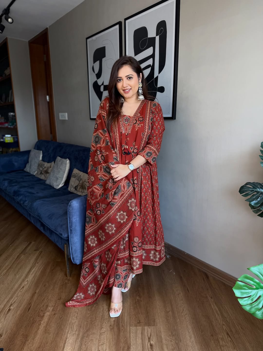 Red Floral Print A-Line Cotton Kurta Pant with Dupatta Set