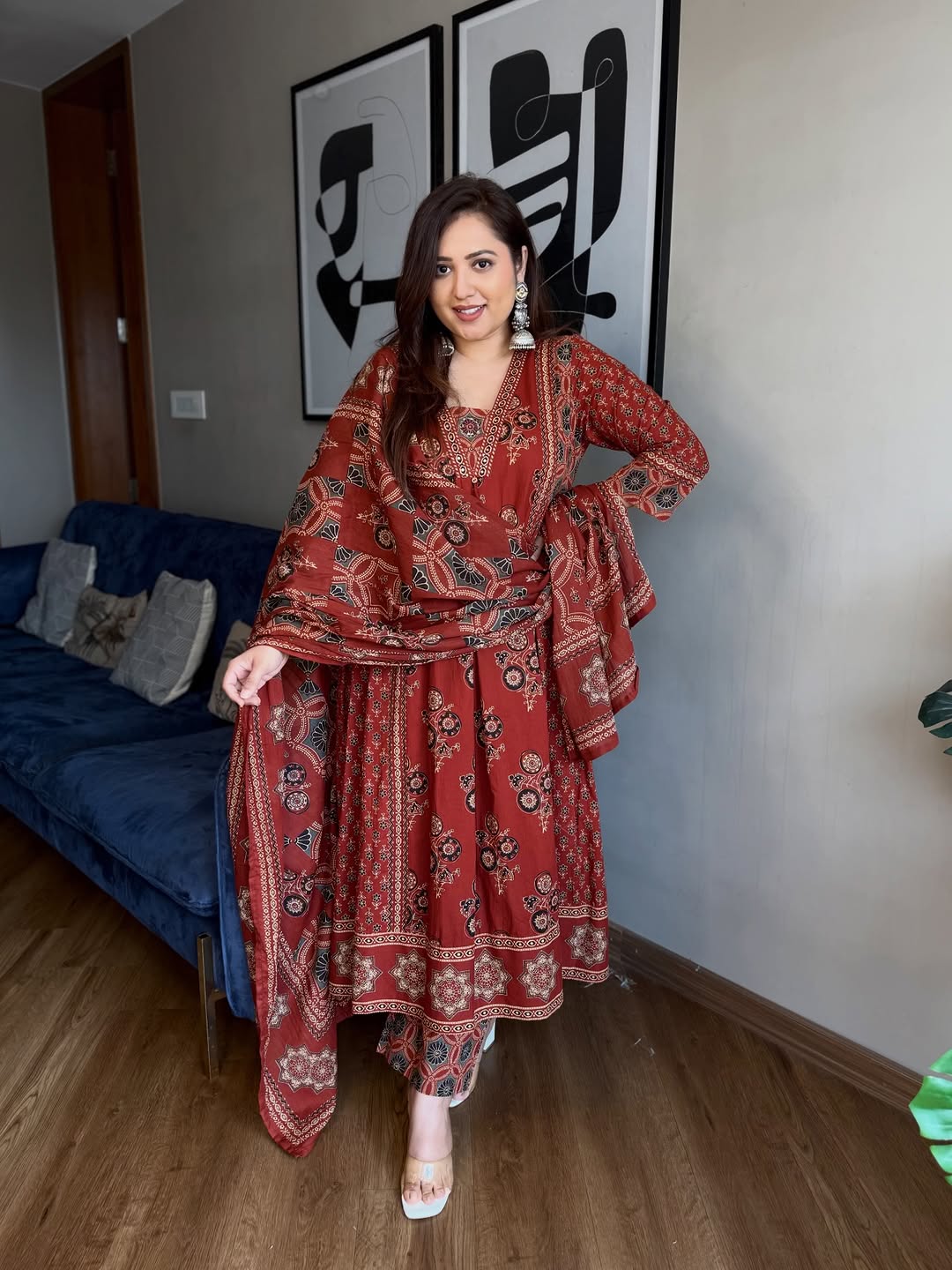 Red Floral Print A-Line Cotton Kurta Pant with Dupatta Set