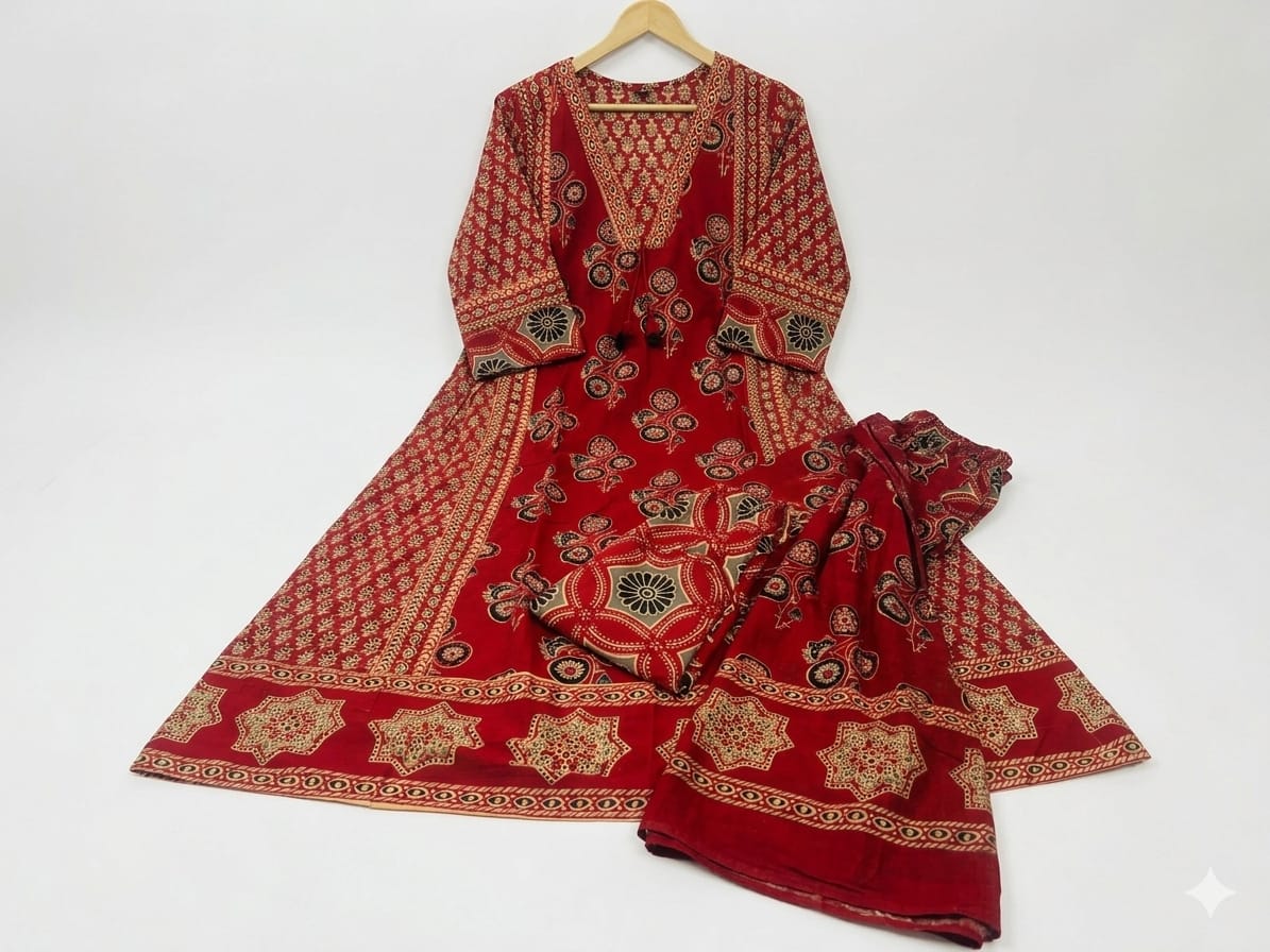 Red Floral Print A-Line Cotton Kurta Pant with Dupatta Set