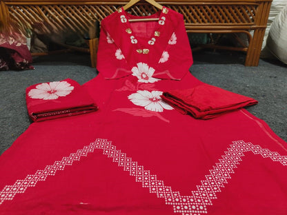 Red Floral Print Cotton Kurti Pant Set with Malmal Dupatta