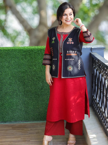 Red Kurti Pant Set with Black Embroidered Cotton Jacket – Three-Piece Outfit