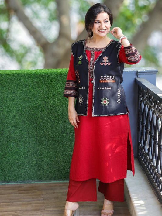 Red Kurti Pant Set with Black Embroidered Cotton Jacket – Three-Piece Outfit