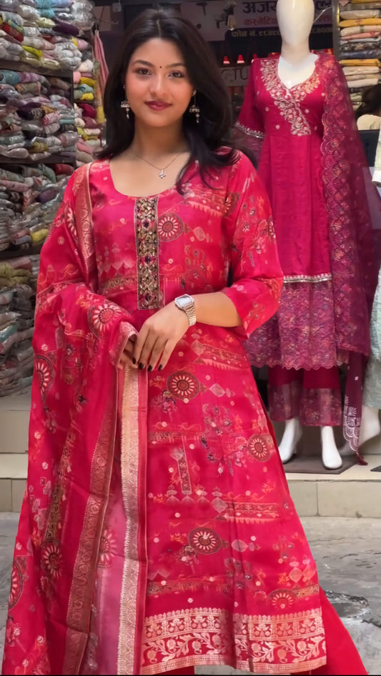 Red Silk Cutdana & Mirror Work Suit Set with Zari J Card Weaving