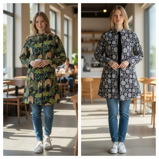 Reversible Quilted Cotton Long Coat with Pockets