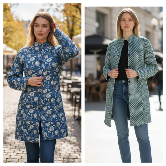 Reversible Quilted Cotton Long Coat with Pockets