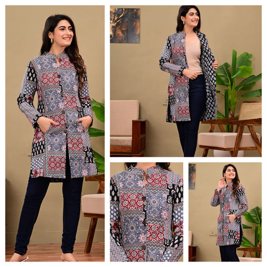 Reversible Quilted Cotton Long Coat with Pockets