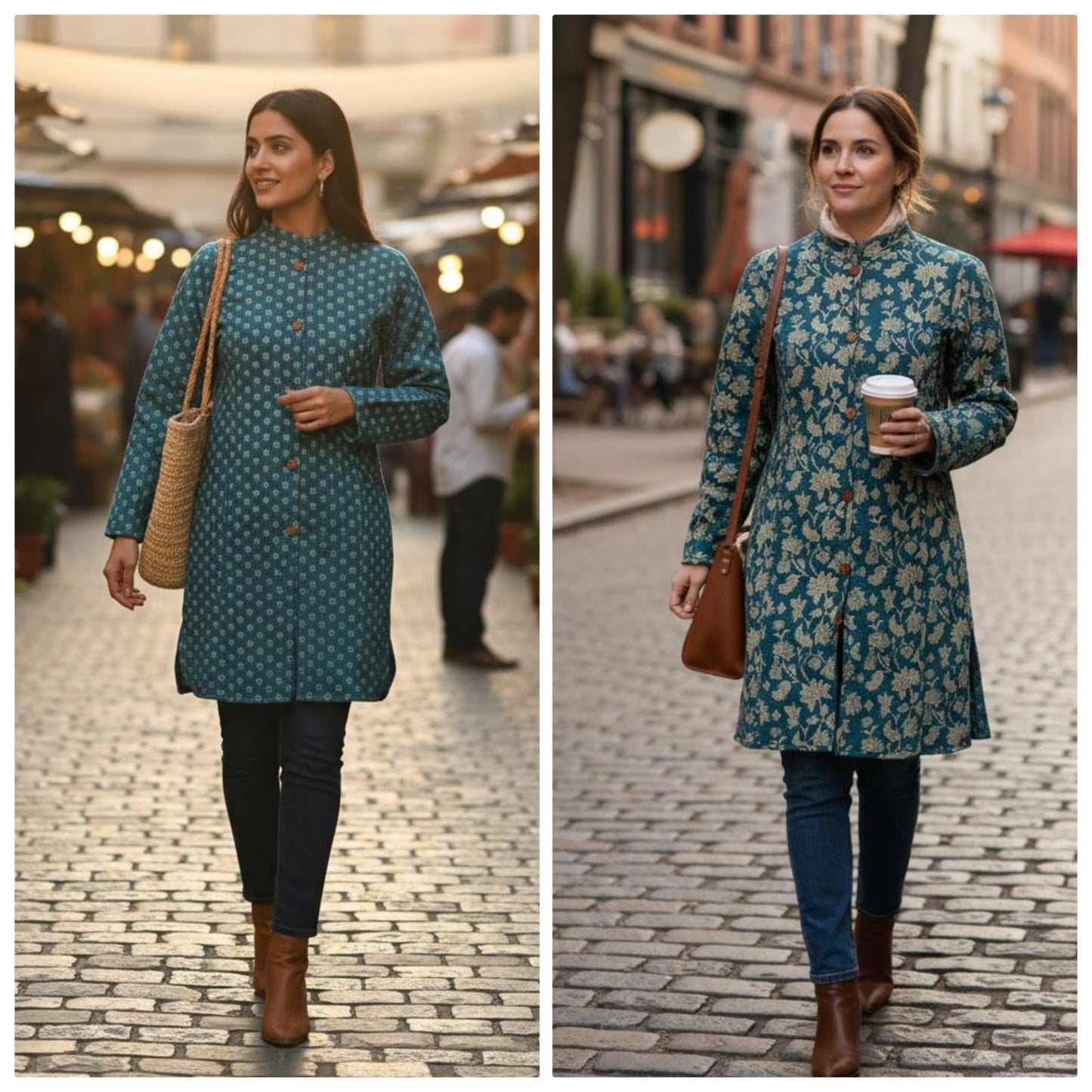 Reversible Quilted Cotton Long Coat with Pockets