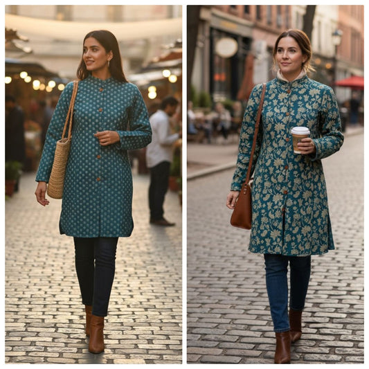 Reversible Quilted Cotton Long Coat with Pockets