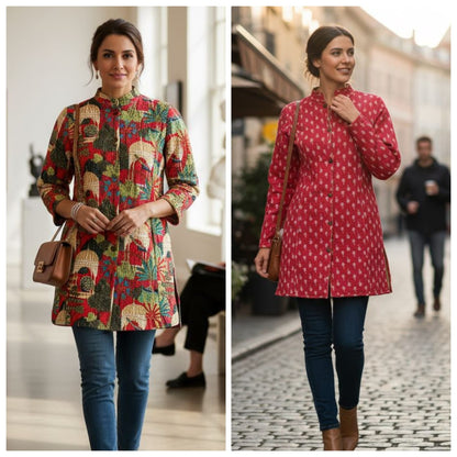 Reversible Quilted Cotton Long Coat with Pockets