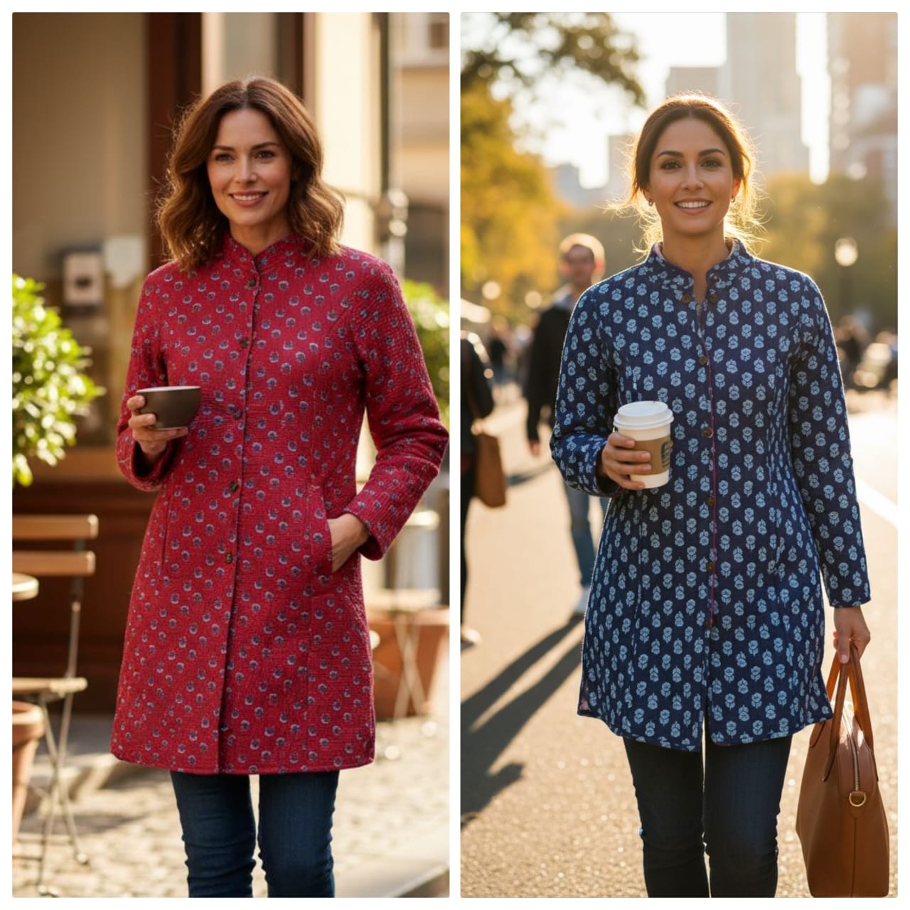 Reversible Quilted Cotton Long Coat with Pockets