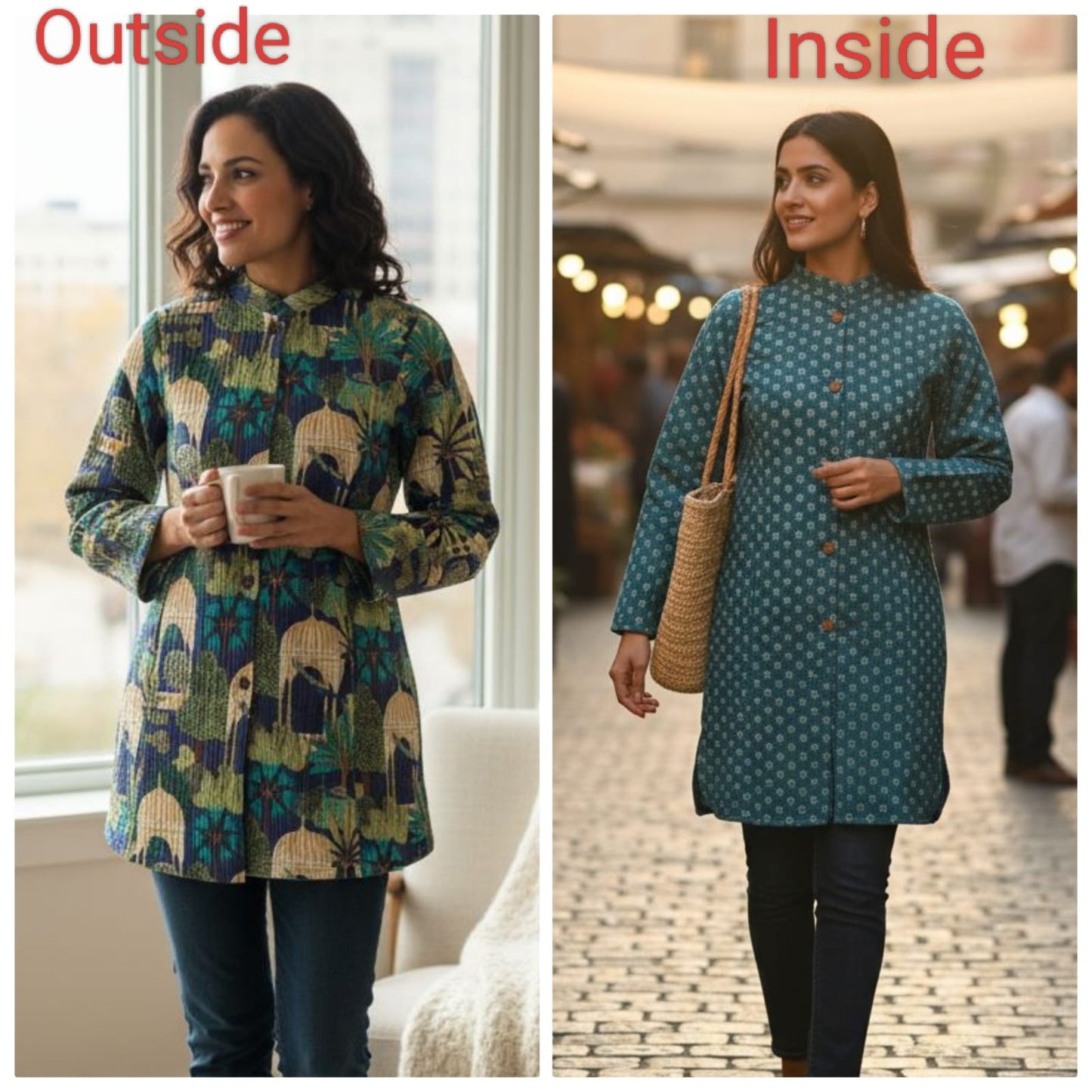 Reversible Quilted Cotton Long Coat with Pockets