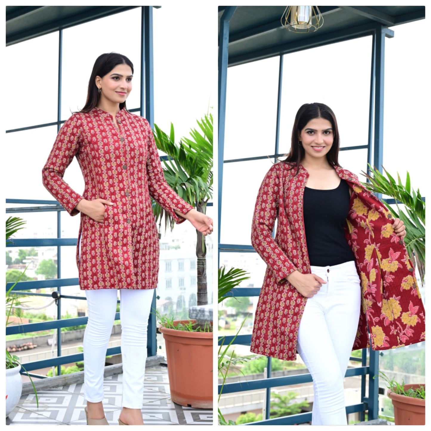 Reversible Quilted Cotton Long Coat with Pockets