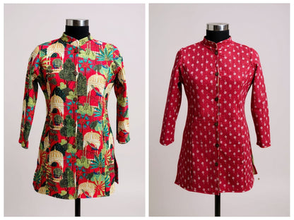 Reversible Quilted Cotton Long Coat with Pockets