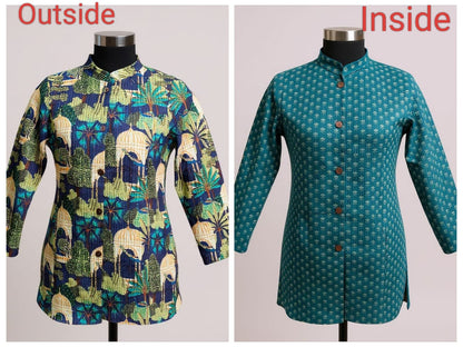 Reversible Quilted Cotton Long Coat with Pockets