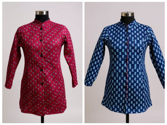 Reversible Quilted Cotton Long Coat with Pockets