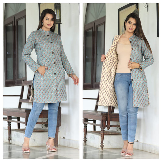 Reversible Quilted Cotton Long Coat with Pockets