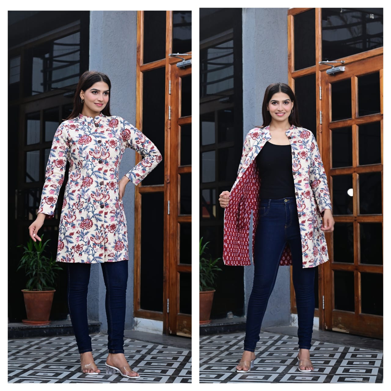 Reversible Quilted Cotton Long Coat with Pockets