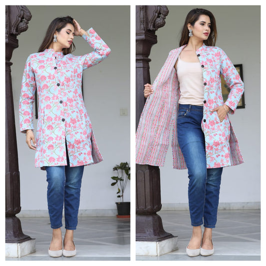 Reversible Quilted Cotton Long Coat with Pockets