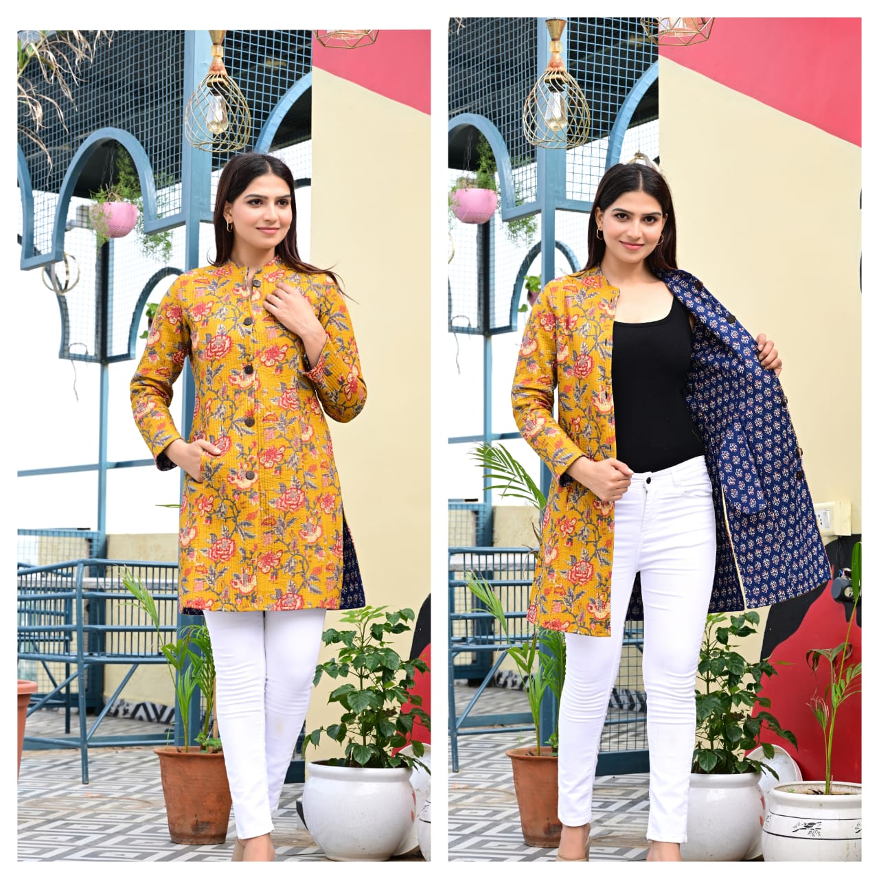 Reversible Quilted Cotton Long Coat with Pockets