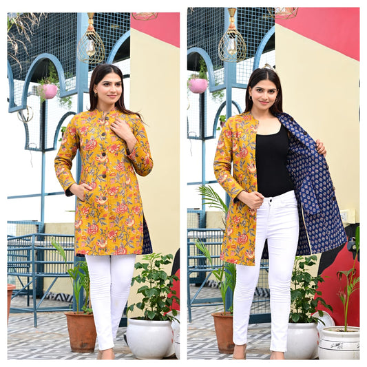 Reversible Quilted Cotton Long Coat with Pockets