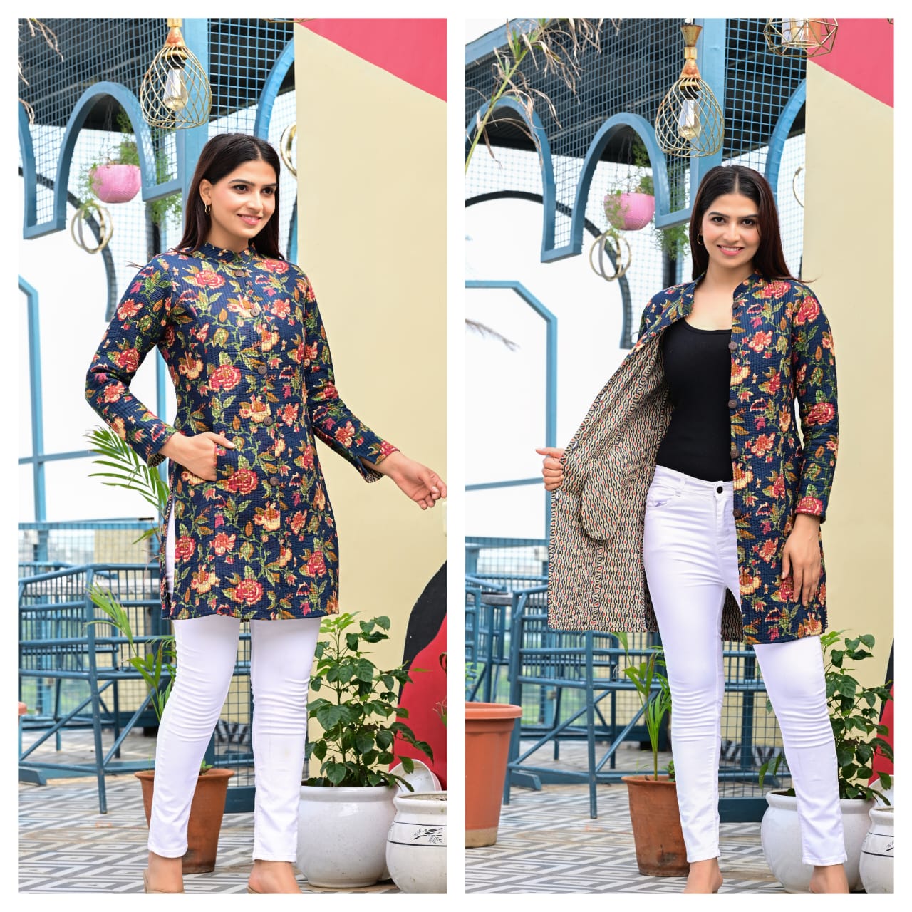 Reversible Quilted Cotton Long Coat with Pockets