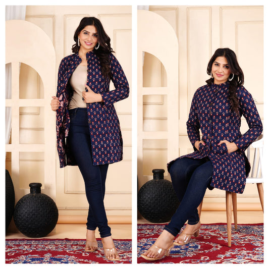 Reversible Quilted Cotton Long Coat with Pockets