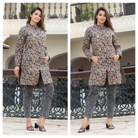 Reversible Quilted Cotton Long Coat with Pockets